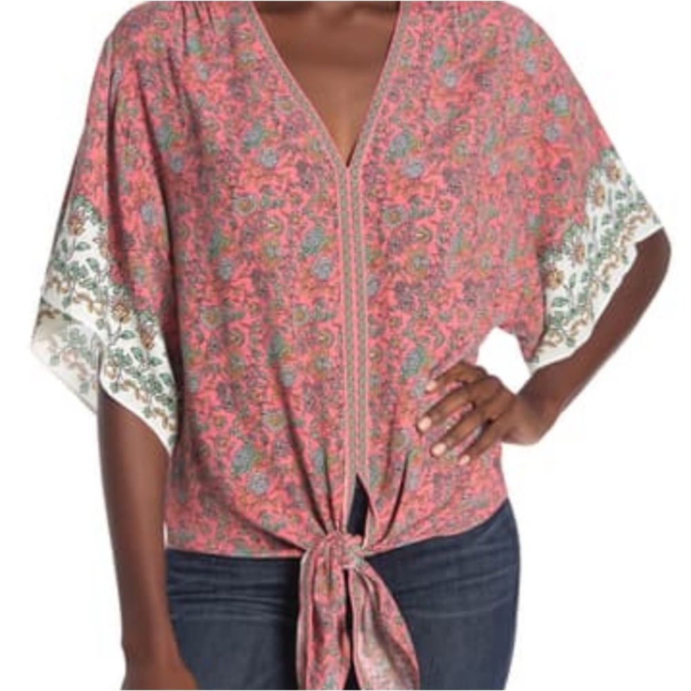Max Studio Kimono Pink White Floral Print Tie-Front Boho Blouse